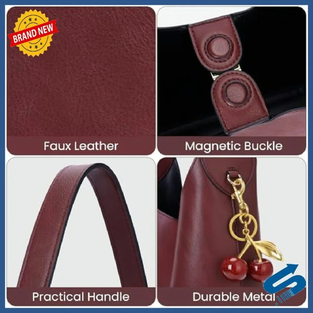 Vegan Leather Hobo Bag with Cherry Charm, Slouchy Tote Shoulder Purse - Picture 5 of 8